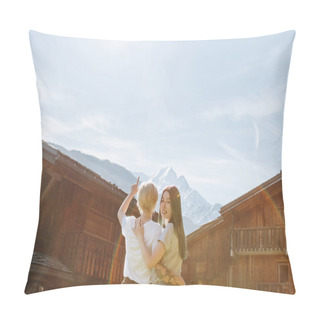 Personality  Back View Of Young Girlfriends Embracing And Looking At Beautiful Mountains, Mont Blanc, Alps Pillow Covers