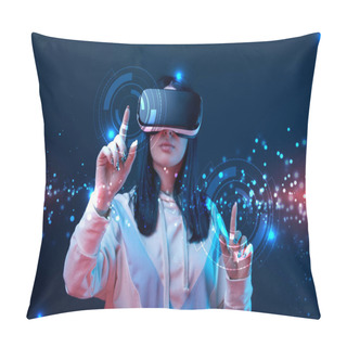 Personality  Woman In Virtual Reality Headset Pointing With Fingers At Glowing Cyber Illustration On Dark Background Pillow Covers