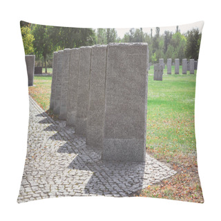 Personality  Selective Focus Of Identical Headstones Placed In Row At Cemetery  Pillow Covers