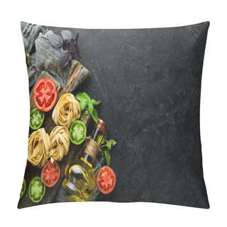Personality  Dry Pasta, Tomatoes, Greens, Oil And Ingredients. Italian Traditional Cuisine. Fresh Vegetables. Top View. Free Space For Your Text. Pillow Covers