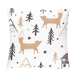Personality  Seamless Christmas Pattern With Forest Trees, Mountains, And Foxes. Happy New Year Background. Xmas Vector Design For Winter Holidays. Child Drawing Style Forest Illustration. Pillow Covers