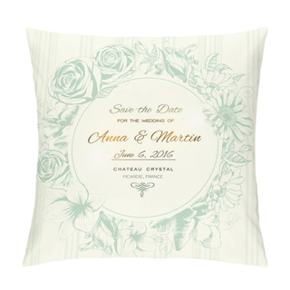 Personality  Wreath With Hand Draw Flowers. Rose, Chamomile, Chrysanthemum, Lily. Vector Vintage Card. Pillow Covers