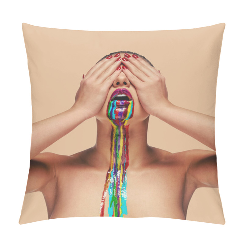 Personality  Woman with a creative bright body-art and make-up  pillow covers