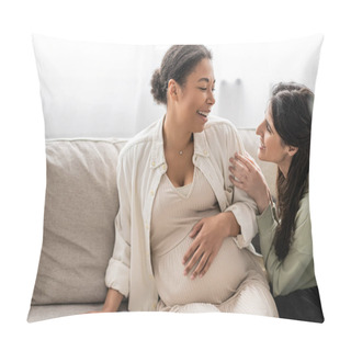 Personality  Happy Lesbian Woman Looking At Cheerful Pregnant Multiracial Wife While Sitting On Sofa  Pillow Covers