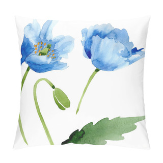 Personality  Blue Poppies With Leaf Watercolor Illustration With Isolated On White Pillow Covers