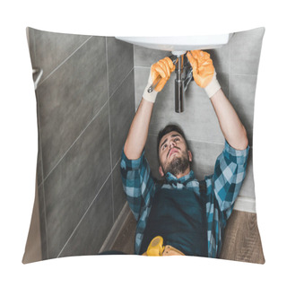Personality  Selective Focus Of Repairman Fixing Water Damage With Wrench In Bathroom  Pillow Covers