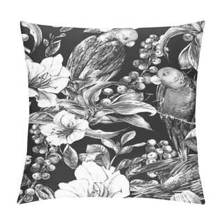 Personality  Exotic Seamless Background With Tropical Flowers And Parrots Pillow Covers