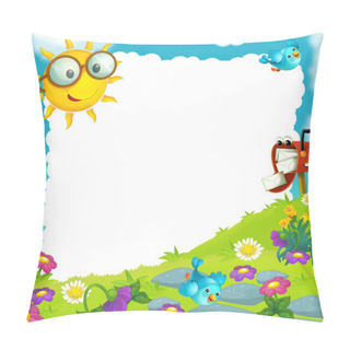 Personality  Happy And Colorful Frame With Field And Postbox For The Children. With Space For Text Pillow Covers