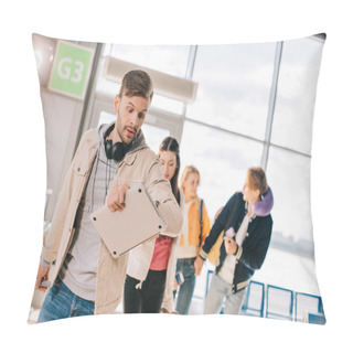 Personality  Man Checking Wristwatch While Walking With Friend Sin Airport Terminal Pillow Covers