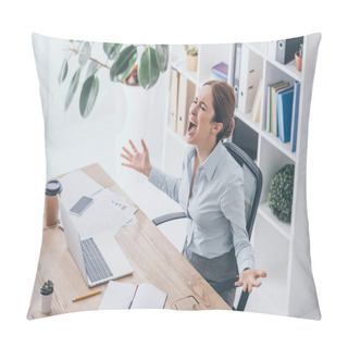 Personality  High Angle View Of Stressed Businesswoman Screaming At Workplace Pillow Covers