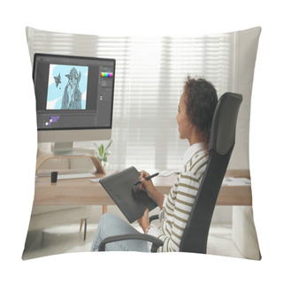 Personality  African American Animator Using Graphic Tablet And Computer. Illustration On Screen Pillow Covers