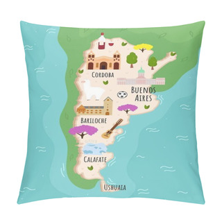 Personality  Cartoon Map Of Argentina. Travel Illustration With South American Country Landmarks, Buildings, Food And Plants. Funny Tourist Infographics. National Symbols. Famous Attractions. Vector Illustration. Pillow Covers