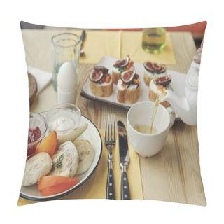 Personality  Cropped Shot Of Person Pouring Tea From Teapot And Tasty Healthy Breakfast On Table Pillow Covers