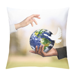 Personality  Hands Of Caucasian Woman And African-American Man With Model Of Earth And Dove On Color Background. International Day Of Peace Pillow Covers