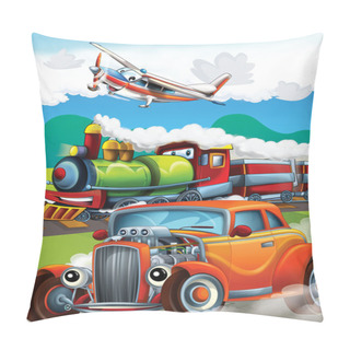 Personality  The Locomotive, Car And The Flying Machine - Illustration For The Children Pillow Covers