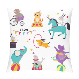 Personality  Circus Animals Performing Tricks With Sea Calf Juggling Balls And Hippo With Hula Hoop Vector Set Pillow Covers