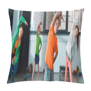 Personality  Selective Focus Of Multicultural Children Warming Up On Fitness Mats In Gym, Panoramic Shot Pillow Covers