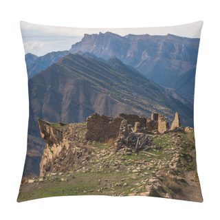 Personality  Ruins Of An Ancient Mountain Settlement. Ruins And Towers Of The Aul Ghost Goor In Dagestan In The Evening Light. Russia. Pillow Covers