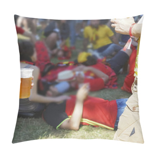 Personality  Beer Party Of The Football Fans In Fan Zone. Beer Party. Focus On Hand. Plastic Cup With Lager Pillow Covers