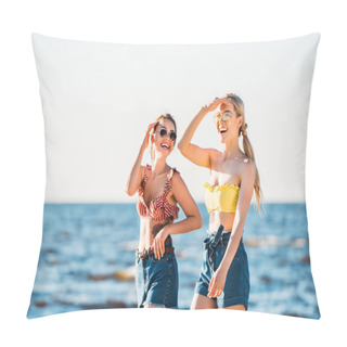 Personality  Happy Young Women In Sunglasses Walking Together On Beach Pillow Covers