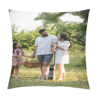 Personality  Happy Family With Wicker Basket And Acoustic Guitar Looking At Each Other In Countryside Garden Pillow Covers