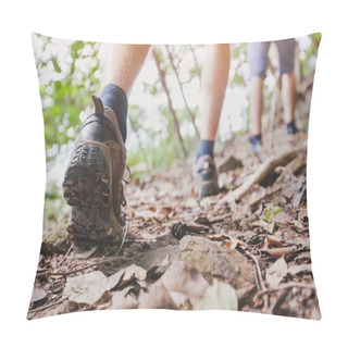Personality  Jungle Trekking, Group Of Hikers Backpackers Walking Together Outdoors In The Forest, Close Up Of Feet, Hiking Shoes Pillow Covers