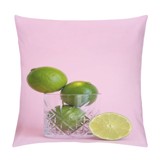 Personality  Green Fresh Citrus Fruit In Faceted Glass Near Half Of Lime On Pink  Pillow Covers