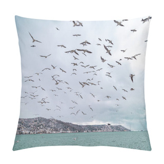 Personality  Sitting And Flying Group Or Flock Of Seagulls On A Pier Near The Water On A Sunny Day. Seagulls Preen Their Feathers Group. Light Waves On The Water. Stanbul Tarabya Pillow Covers