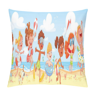 Personality  Children Have Fun Running On The Beach. Kid With Inflatable Rubber Circle Run To Sea. Summer Time. Seamless Panorama Of Summer Sea Beach. Funny Cartoon Character. Vector Illustration Pillow Covers