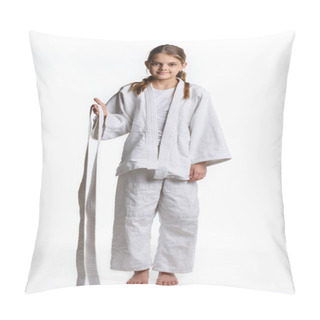 Personality  The Girl Stands In A Dogi Sports Fighting Dress, And Holds Her Belt In Her Hands Pillow Covers