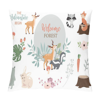Personality  Cute Woodland Object Collection With Skunk,bear,fox,deer,stump And Leaves.Vector Illustration For Icon,sticker,printable Pillow Covers