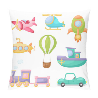 Personality  Set Of Cute Cartoon Transport. Collection Of Vehicles For Design Of Kids Rooms, Clothing, Album, Card, Baby Shower, Birthday Invitation, House Interior. Bright Colored Childish Vector Illustration. Pillow Covers