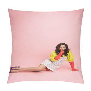 Personality  Full Length Of Stylish Woman In Striped Apron And Red Rubber Gloves Showing Hush Sign While Sitting On Pink Background Pillow Covers