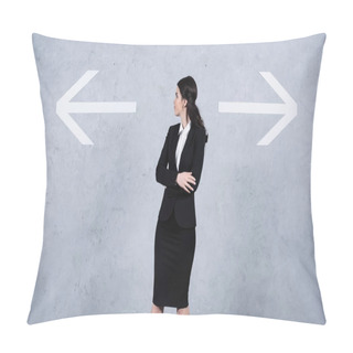 Personality  Pensive Businesswoman In Suit Looking At Arrows On Grey Pillow Covers