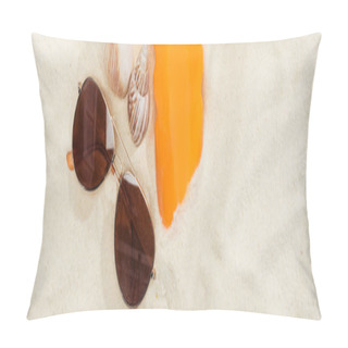 Personality  Orange Bottle Of Sunscreen On Sand Near Seashells And Sunglasses, Panoramic Shot Pillow Covers