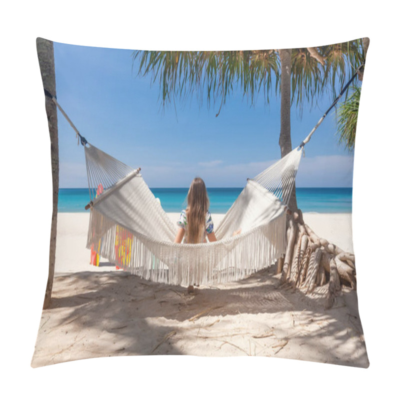 Personality  Back View of Travel Woman Sitting on White Hammock on Sandy Beach pillow covers