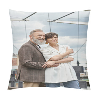 Personality  Seniors And Love, Happy Elderly Couple Hugging And Standing Together Outdoors, Bearded Man, Woman Pillow Covers