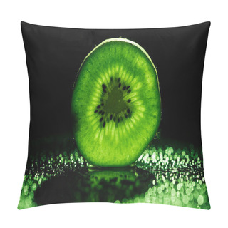 Personality  Slice Of Kiwi Fruit On Black Background With Neon Green Backlit Pillow Covers