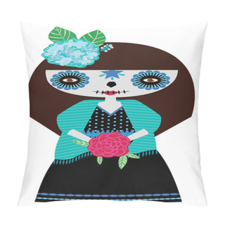 Personality  Vector Illustration Of Whimsical Day Of The Dead Catrina Doll In Blue Colors Pillow Covers