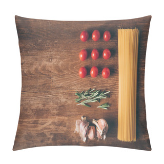 Personality  Flat Lay With Row Pasta, Tomatoes, Rosemary And Garlic On Wooden Table Pillow Covers