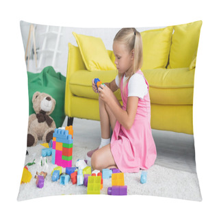 Personality  Blonde Girl In Pink Dress Playing Building Blocks On Carpet In Kindergarten Playroom  Pillow Covers