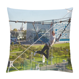 Personality  Girl Athlete Runs An Obstacle Course In Climbing Park Pillow Covers