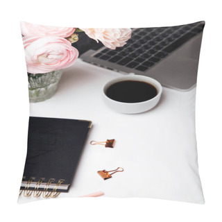Personality  Flay Lay Concept Background With Coffee, Flowers And Laptop Pillow Covers