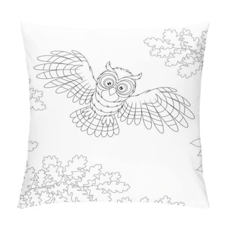 Personality  Striped Owl With Big Round Eyes Flying In The Midnight Sky And Hunting Over A Wild Forest, Black And White Vector Cartoon Illustration For A Coloring Book Page Pillow Covers