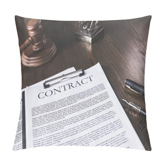 Personality  Juridical Contract On Wooden Table With Pen And Hammer, Law Concept Pillow Covers