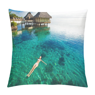 Personality  Young Woman In White Bikini Swimming In A Coral Lagoon Pillow Covers
