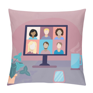 Personality  Online Meeting Work Form Home. Home Office. Colleagues Talk To Each Other On The Computer Screen. Conference Video Call.  Chat With Friends. Vector Illustration In A Flat Style Pillow Covers