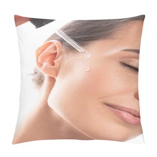 Personality  Cropped View Of Young Woman Applying Serum On Face Isolated On White Pillow Covers