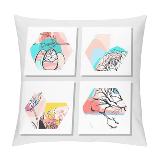 Personality  Hand Drawn Vector Abstract Creative Unusual Modern Hexagon Shape Cards Collection Set With Flowers And Spring Motifs Collage Isolated On White Background Pillow Covers