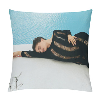 Personality  Luxury Resort, Sexy Woman In Black Knitted Dress Lying Next To Outdoor Swimming Pool With Shimmering Water In Miami, Summer Getaway, Youth, Poolside Relaxation, Getting Tan Pillow Covers